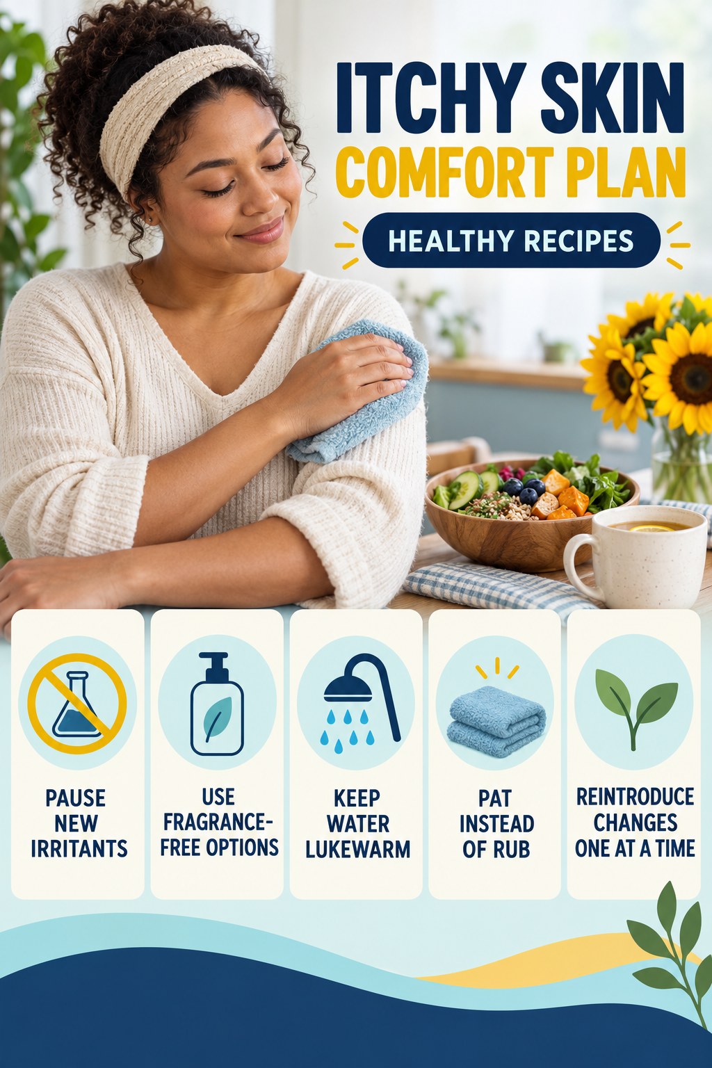Simple Skin-Care Reset infographic for Healthy Recipes with five gentle itchy-skin comfort strategies and a non-diagnostic safety focus.