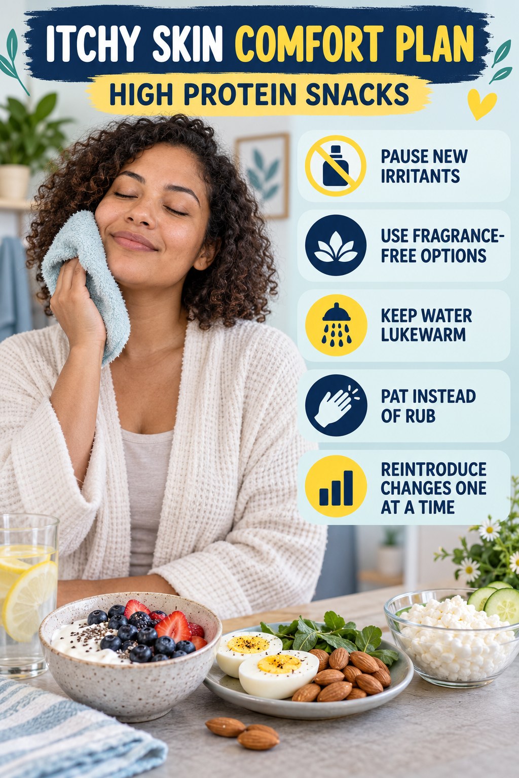 Simple Skin-Care Reset infographic for High Protein Snacks with five gentle itchy-skin comfort strategies and a non-diagnostic safety focus.