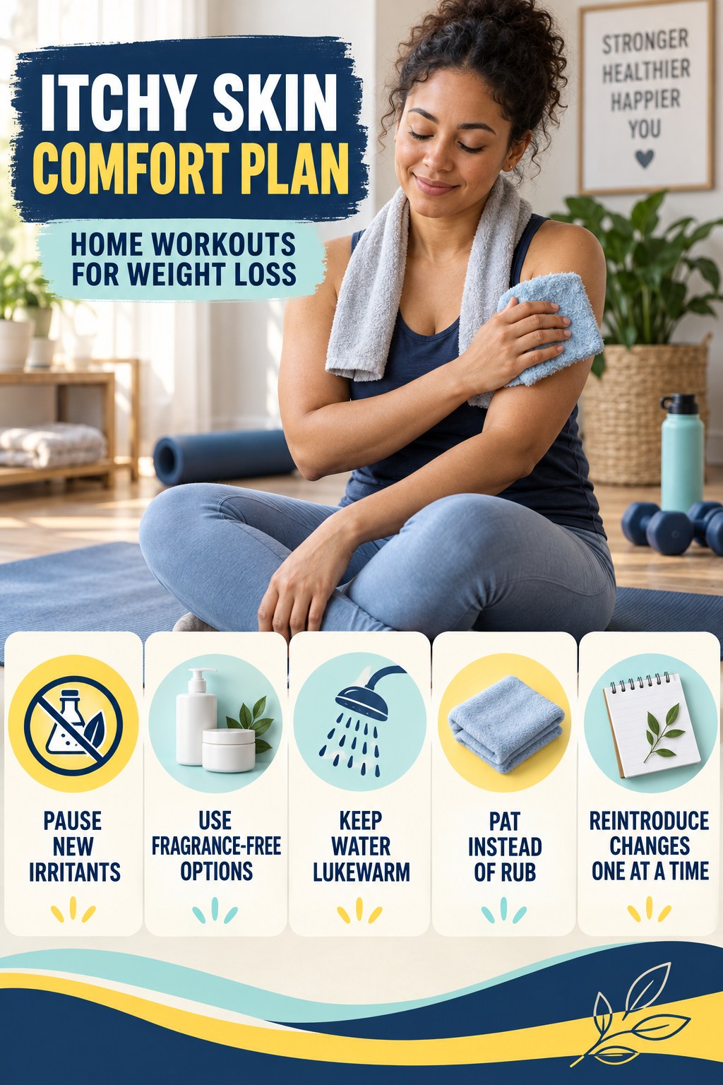 Simple Skin-Care Reset infographic for Home Workouts for Weight Loss with five gentle itchy-skin comfort strategies and a non-diagnostic safety focus.