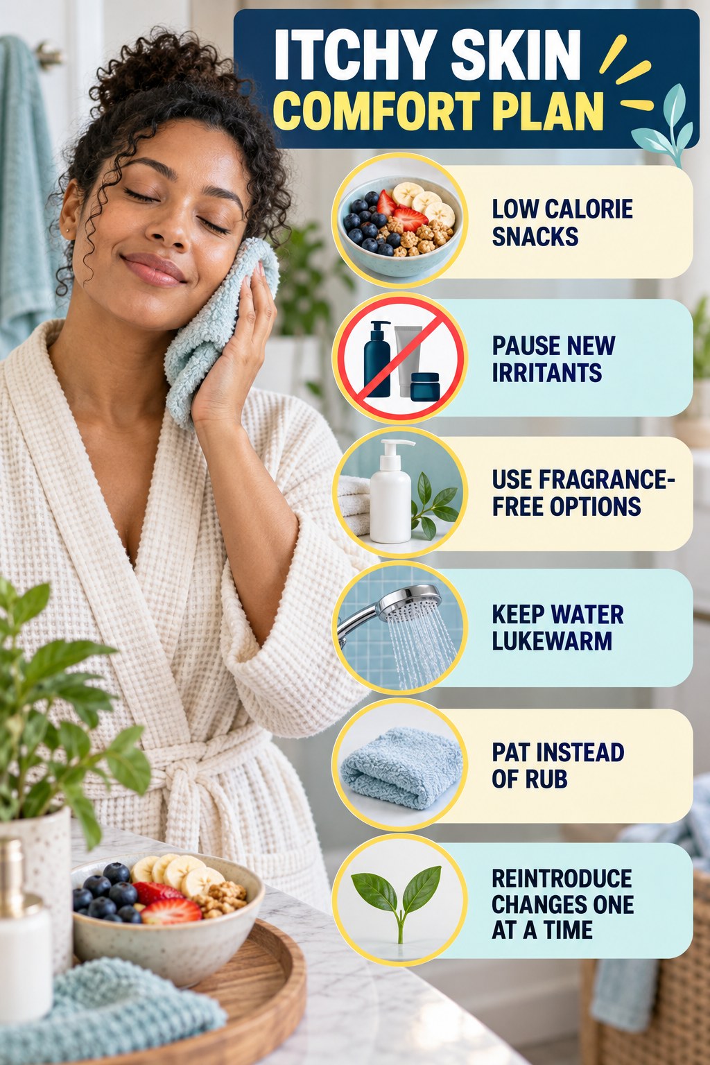 Simple Skin-Care Reset infographic for Low Calorie Snacks with five gentle itchy-skin comfort strategies and a non-diagnostic safety focus.