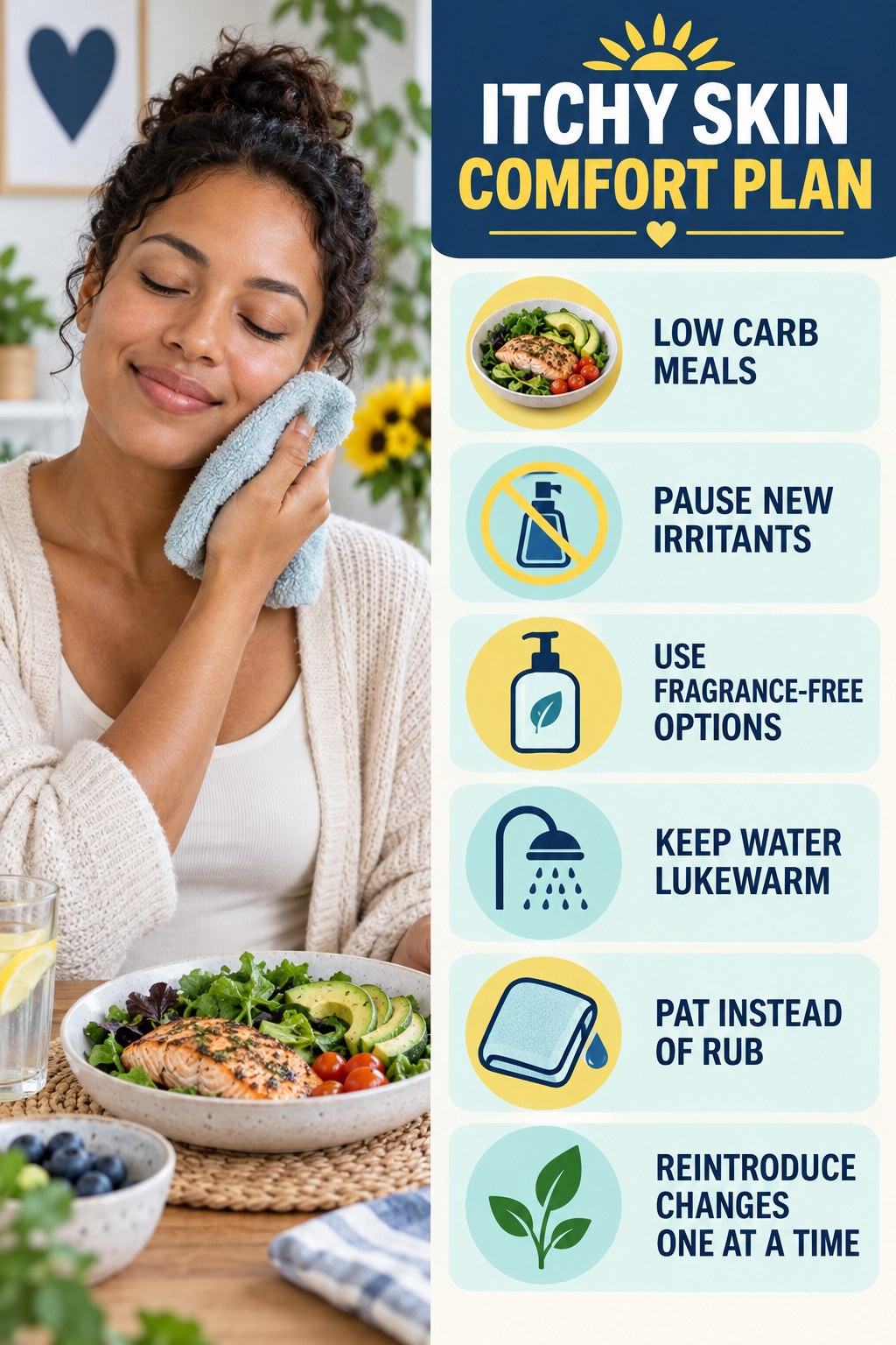 Simple Skin-Care Reset infographic for Low Carb Meals with five gentle itchy-skin comfort strategies and a non-diagnostic safety focus.