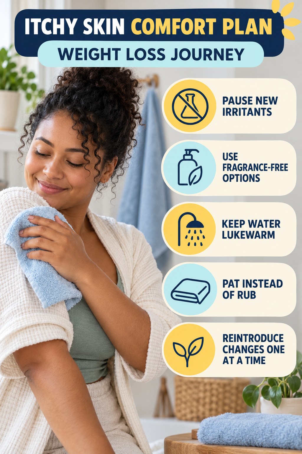 Simple Skin-Care Reset infographic for Weight Loss Journey with five gentle itchy-skin comfort strategies and a non-diagnostic safety focus.