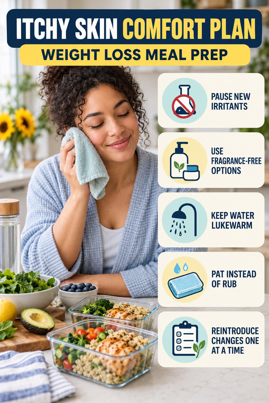 Simple Skin-Care Reset infographic for Weight Loss Meal Prep with five gentle itchy-skin comfort strategies and a non-diagnostic safety focus.