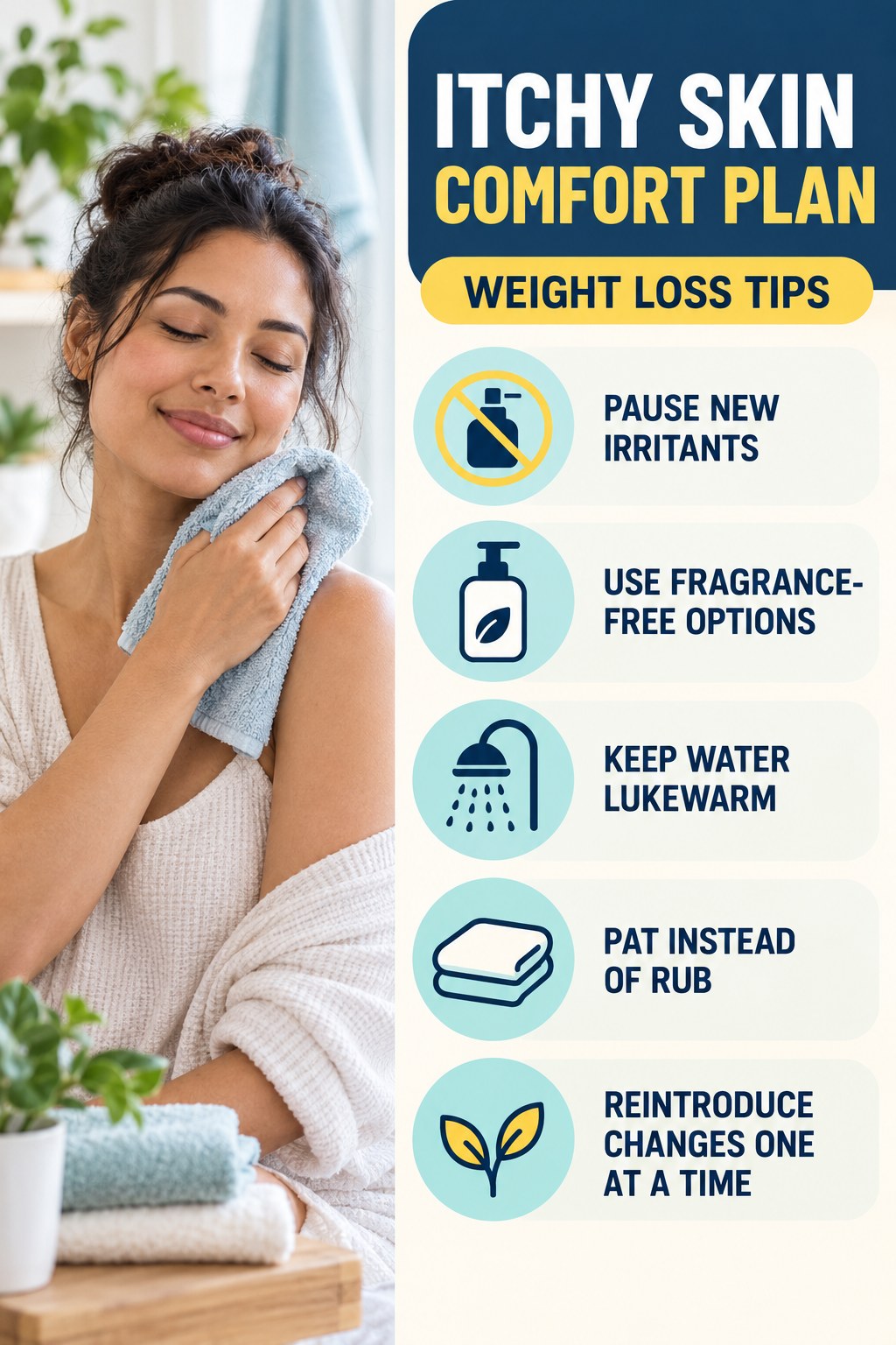 Simple Skin-Care Reset infographic for Weight Loss Tips with five gentle itchy-skin comfort strategies and a non-diagnostic safety focus.