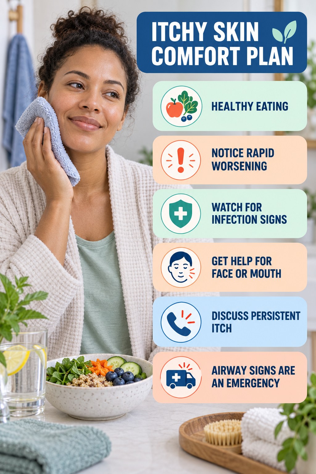 When Comfort Measures Are Not Enough infographic for Healthy Eating with five gentle itchy-skin comfort strategies and a non-diagnostic safety focus.
