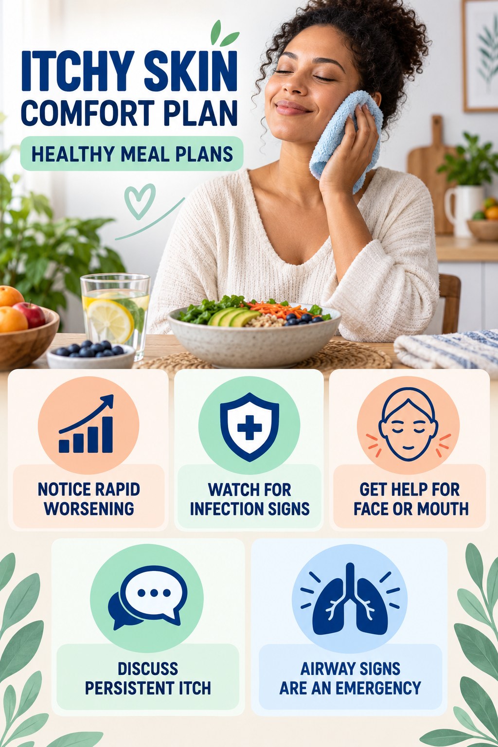 When Comfort Measures Are Not Enough infographic for Healthy Meal Plans with five gentle itchy-skin comfort strategies and a non-diagnostic safety focus.