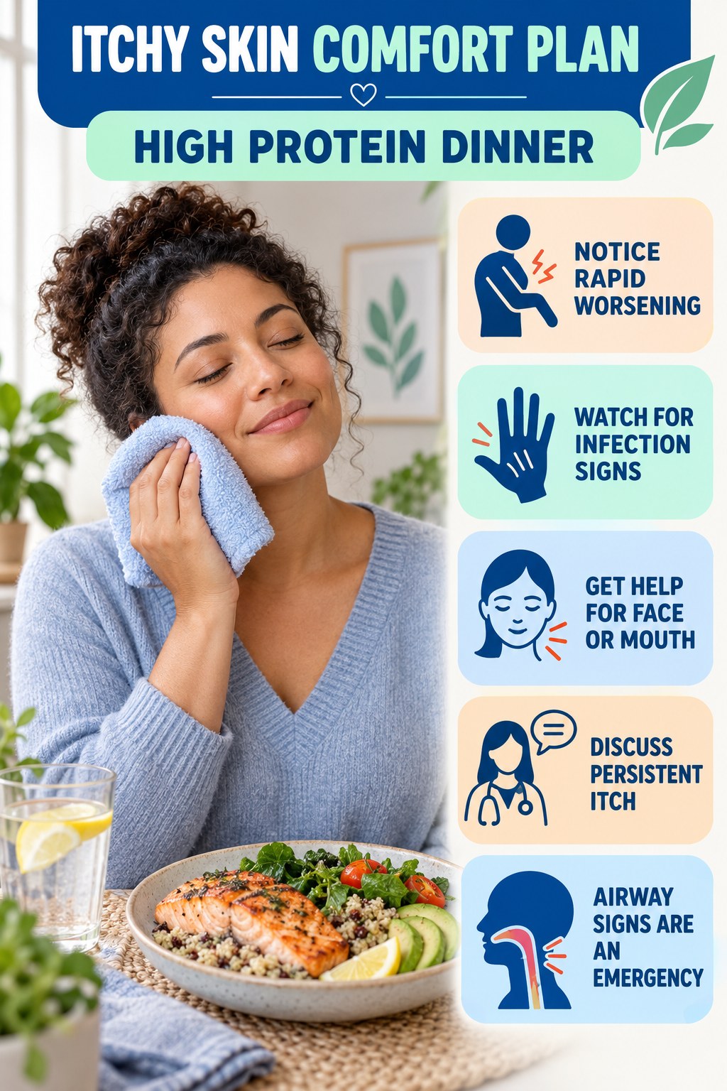 When Comfort Measures Are Not Enough infographic for High Protein Dinner with five gentle itchy-skin comfort strategies and a non-diagnostic safety focus.