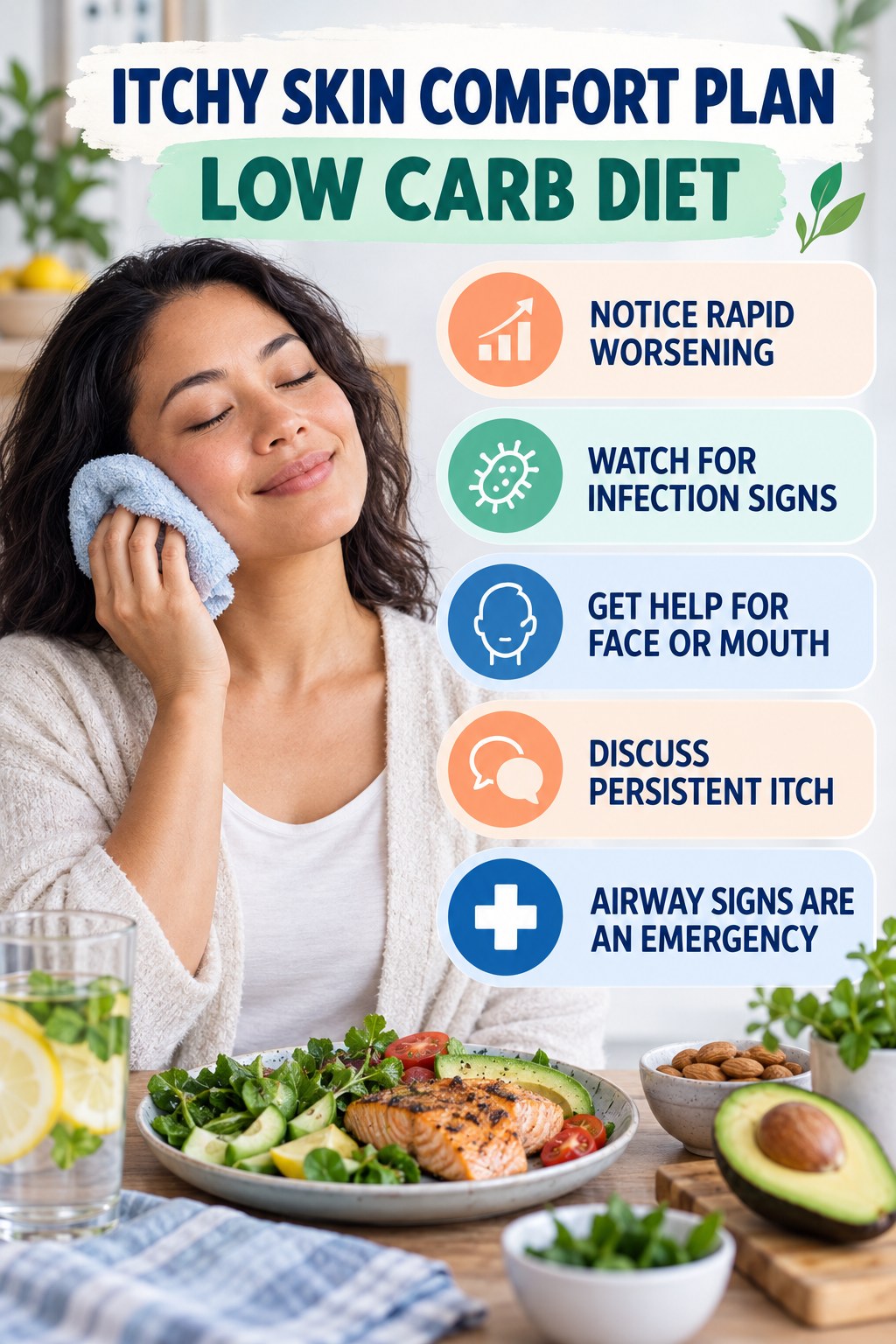 When Comfort Measures Are Not Enough infographic for Low Carb Diet with five gentle itchy-skin comfort strategies and a non-diagnostic safety focus.