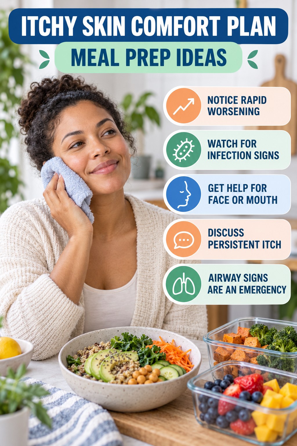When Comfort Measures Are Not Enough infographic for Meal Prep Ideas with five gentle itchy-skin comfort strategies and a non-diagnostic safety focus.
