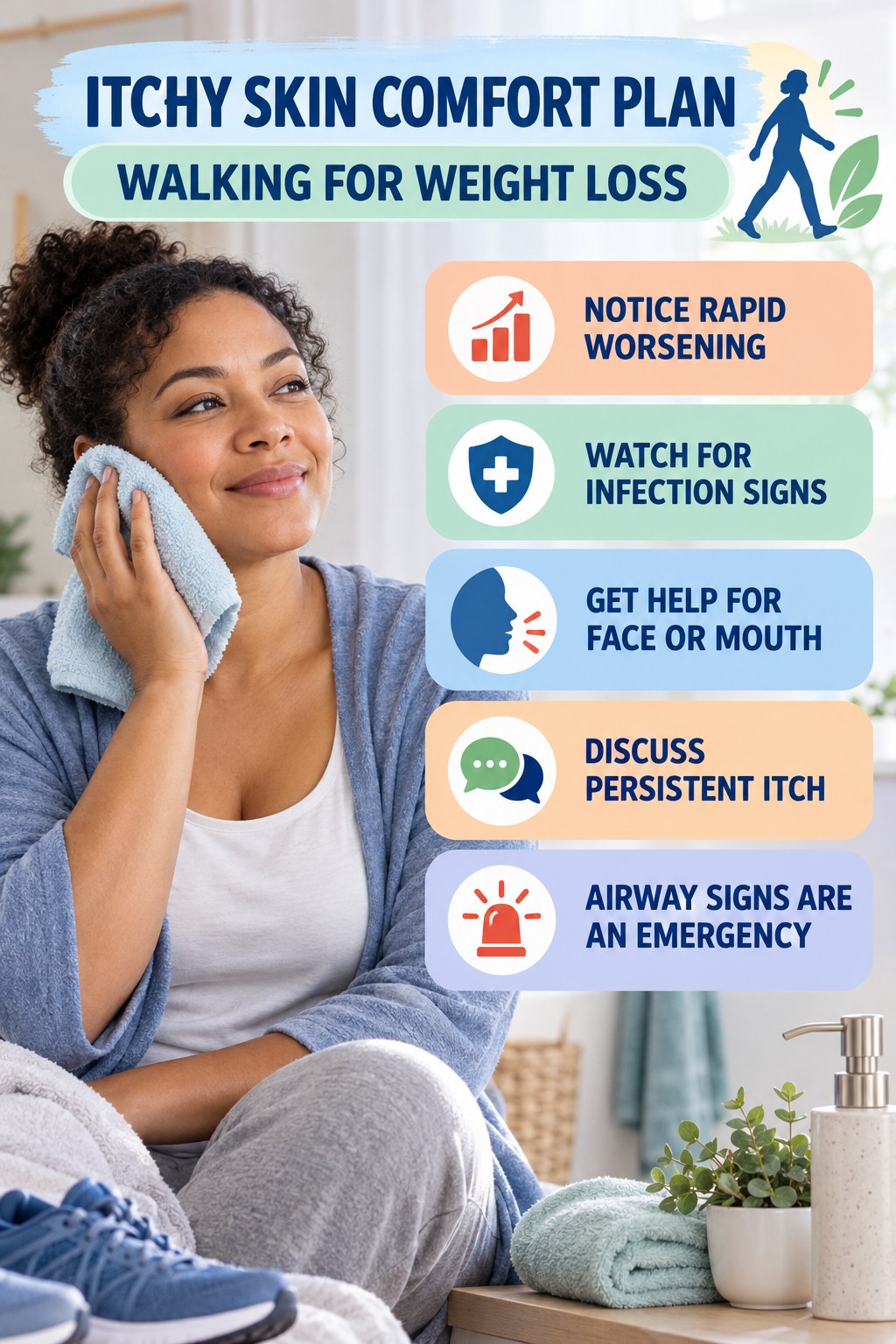 When Comfort Measures Are Not Enough infographic for Walking for Weight Loss with five gentle itchy-skin comfort strategies and a non-diagnostic safety focus.