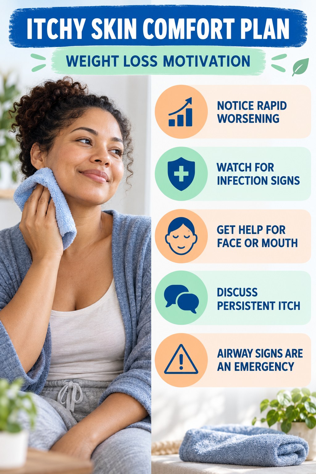 When Comfort Measures Are Not Enough infographic for Weight Loss Motivation with five gentle itchy-skin comfort strategies and a non-diagnostic safety focus.