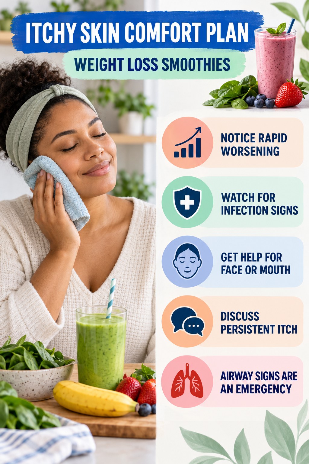 When Comfort Measures Are Not Enough infographic for Weight Loss Smoothies with five gentle itchy-skin comfort strategies and a non-diagnostic safety focus.