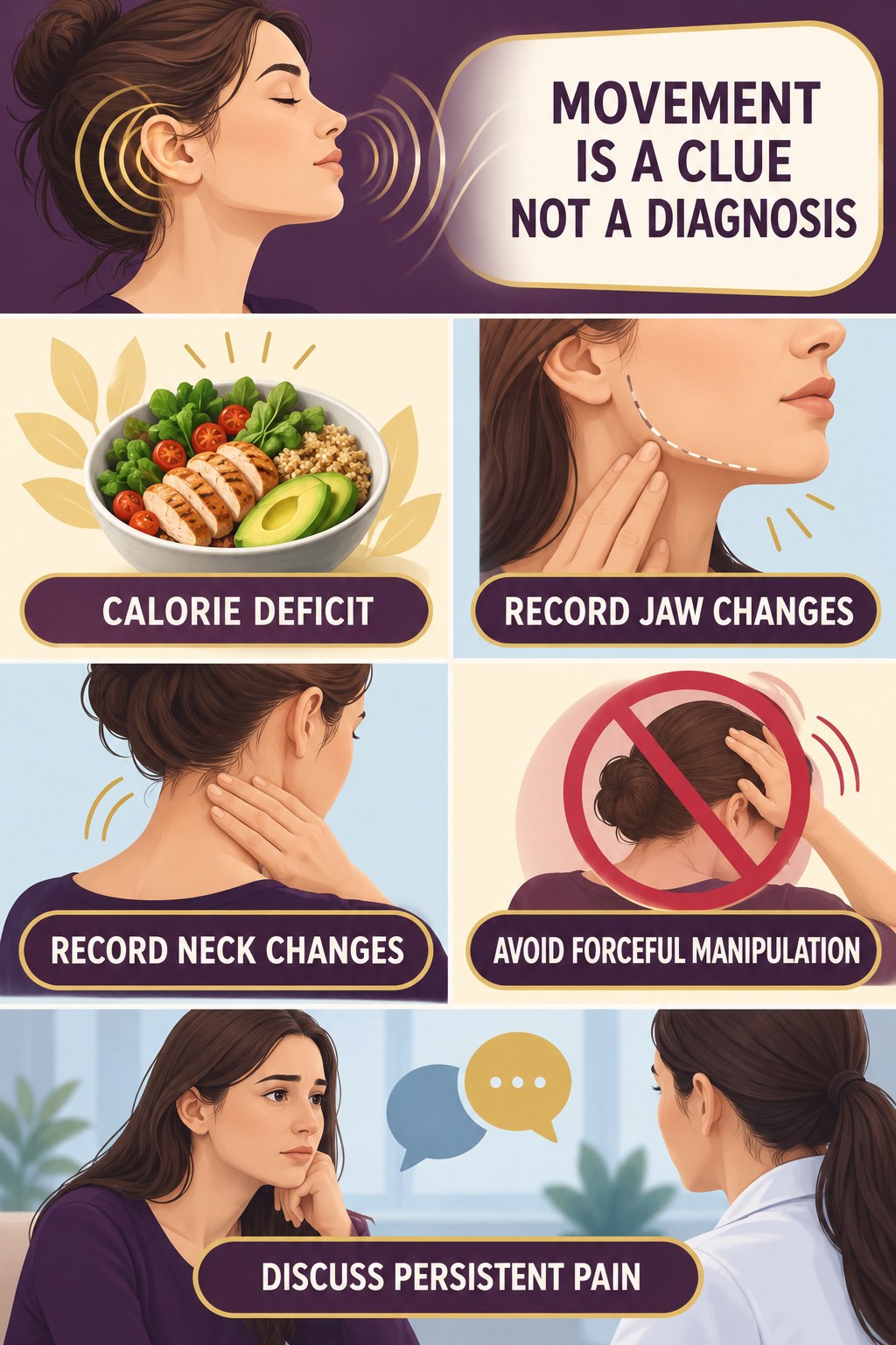 Jaw and Neck Clues in Tinnitus infographic for Calorie Deficit with four concise evaluation-guidance points.