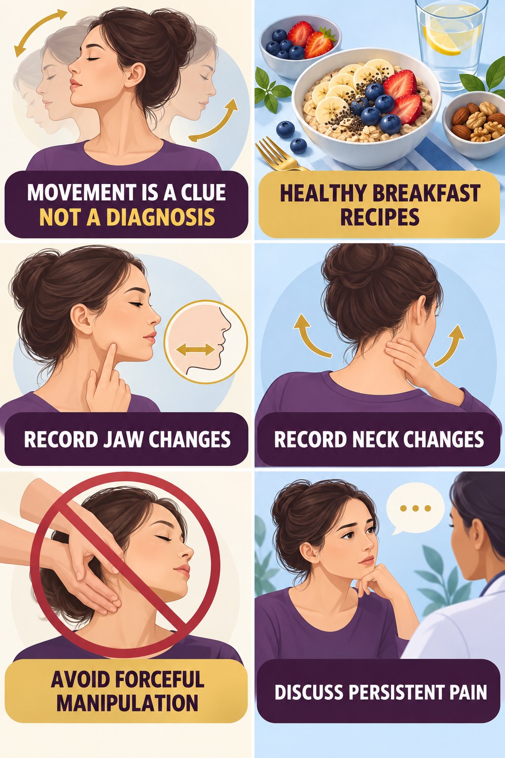 Jaw and Neck Clues in Tinnitus infographic for Healthy Breakfast Recipes with four concise evaluation-guidance points.