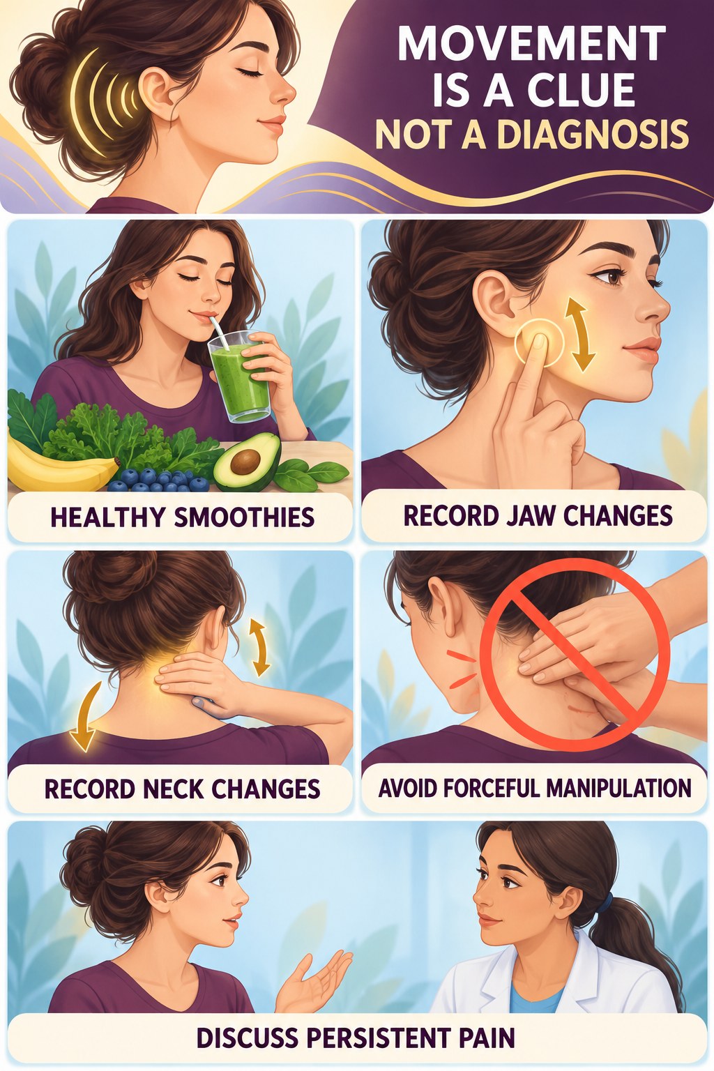 Jaw and Neck Clues in Tinnitus infographic for Healthy Smoothies with four concise evaluation-guidance points.