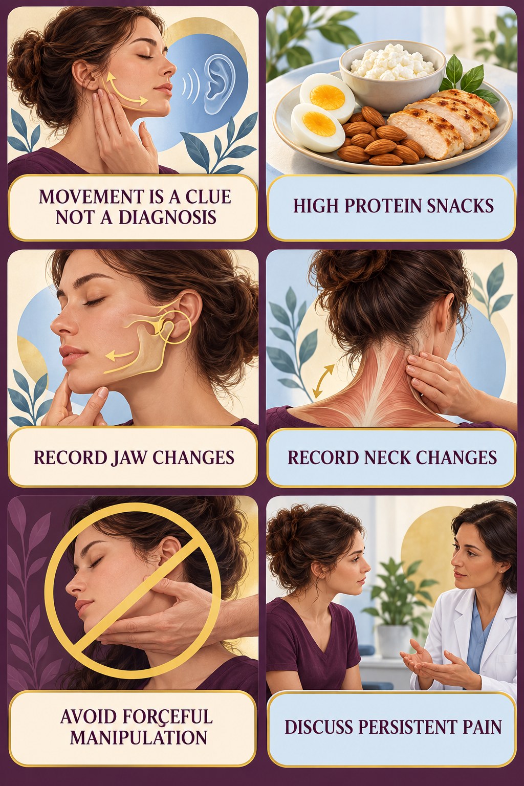 Jaw and Neck Clues in Tinnitus infographic for High Protein Snacks with four concise evaluation-guidance points.