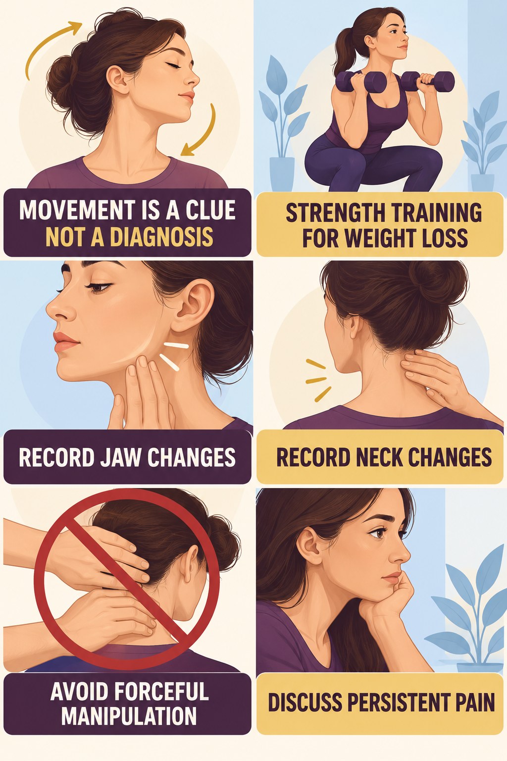 Jaw and Neck Clues in Tinnitus infographic for Strength Training for Weight Loss with four concise evaluation-guidance points.