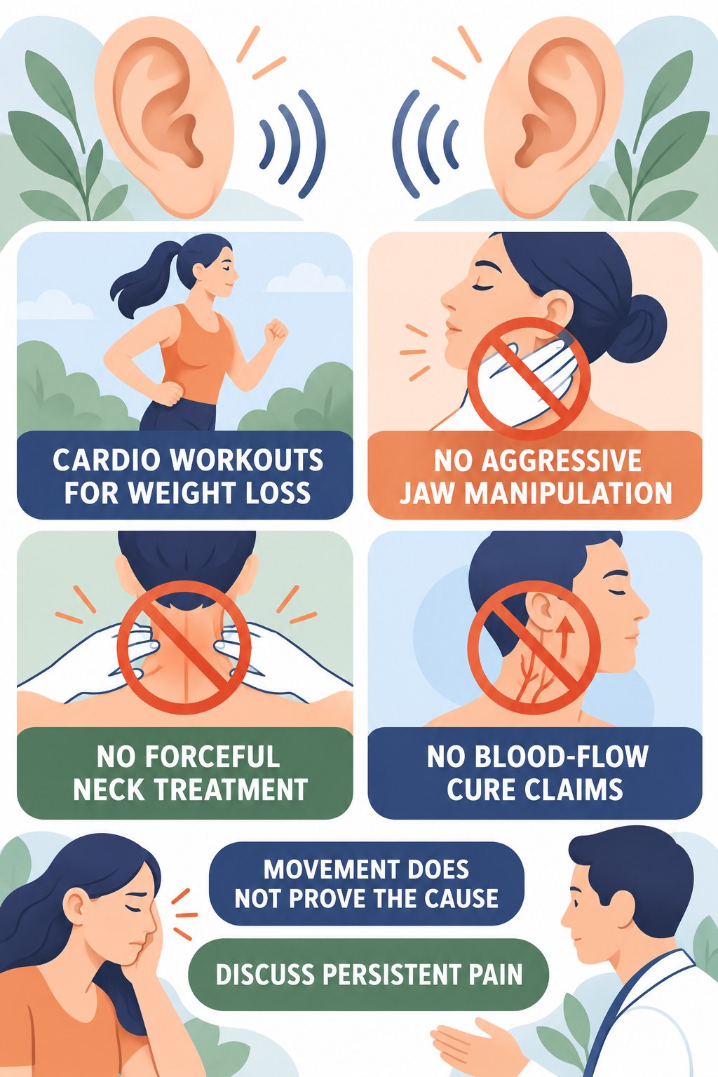 Jaw and Neck Tinnitus Myths infographic for Cardio Workouts for Weight Loss with four concise tinnitus-awareness points.