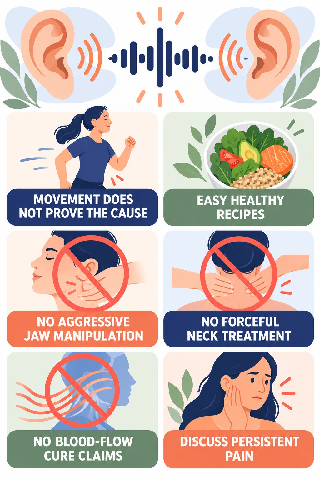 Jaw and Neck Tinnitus Myths infographic for Easy Healthy Recipes with four concise tinnitus-awareness points.