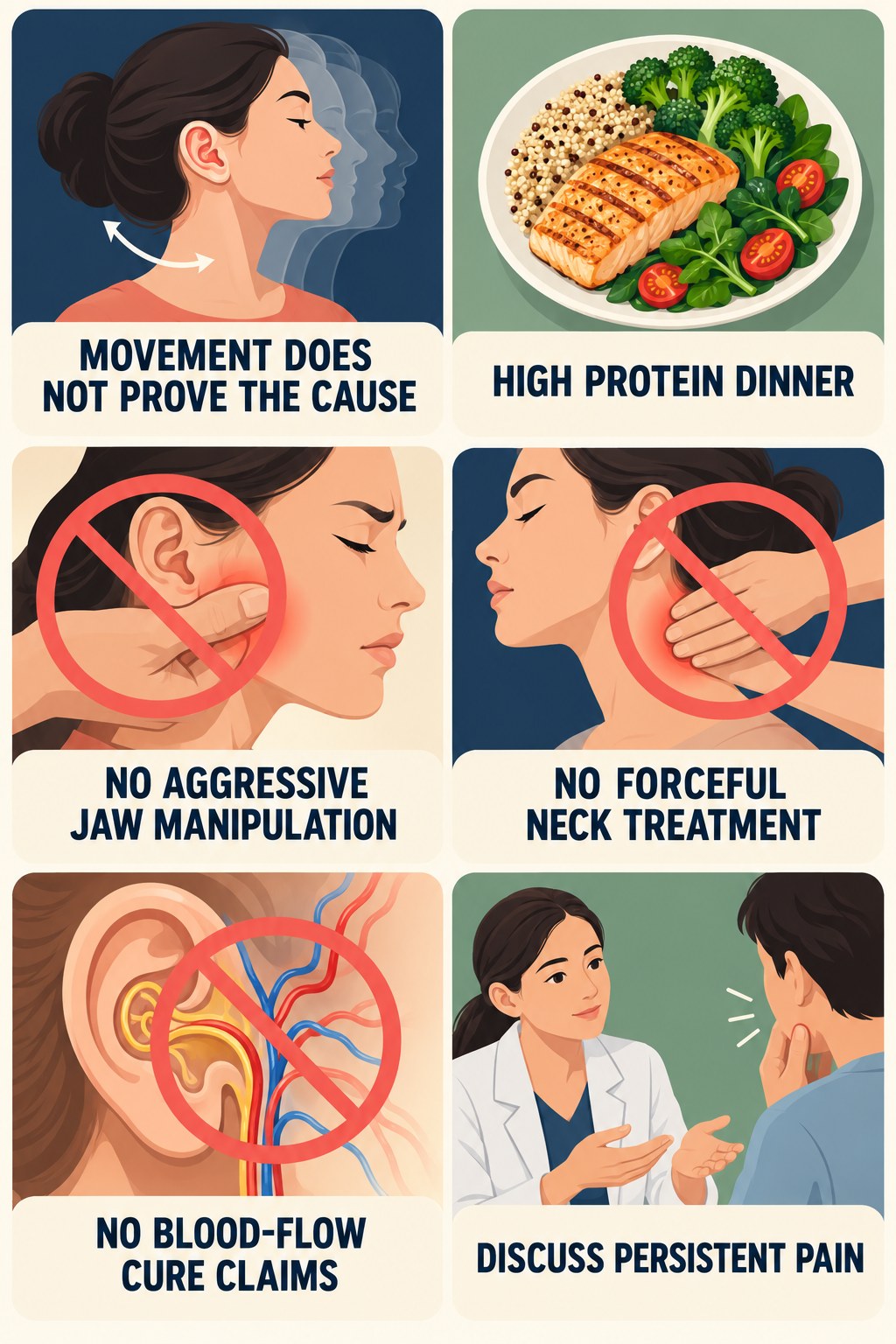 Jaw and Neck Tinnitus Myths infographic for High Protein Dinner with four concise tinnitus-awareness points.