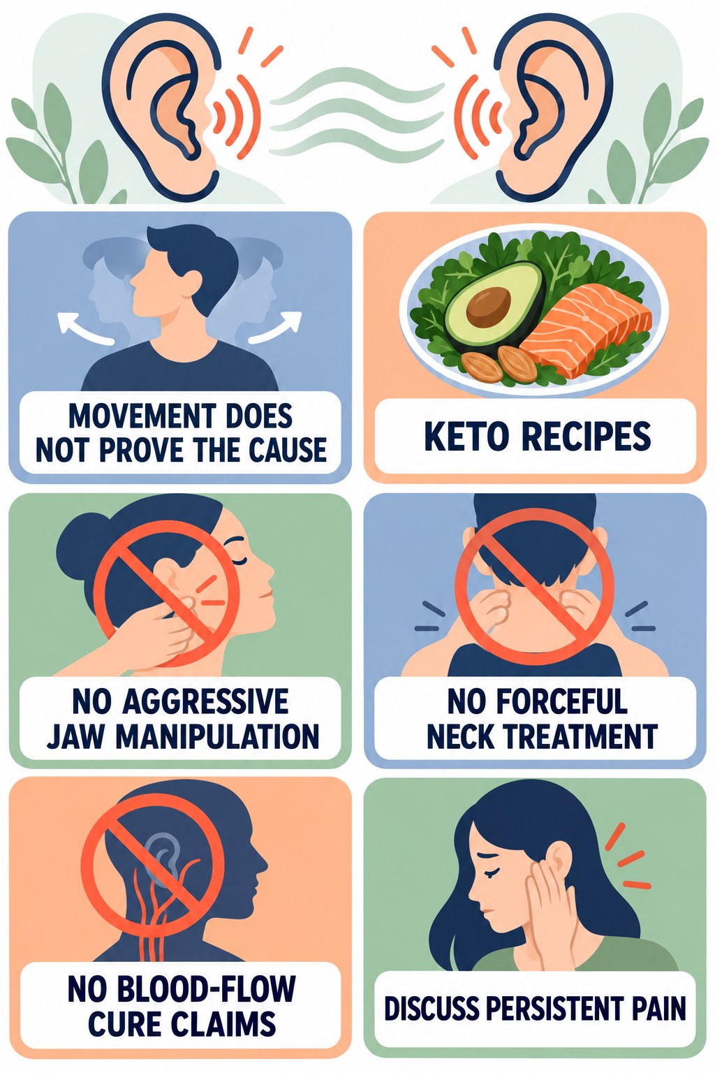 Jaw and Neck Tinnitus Myths infographic for Keto Recipes with four concise tinnitus-awareness points.