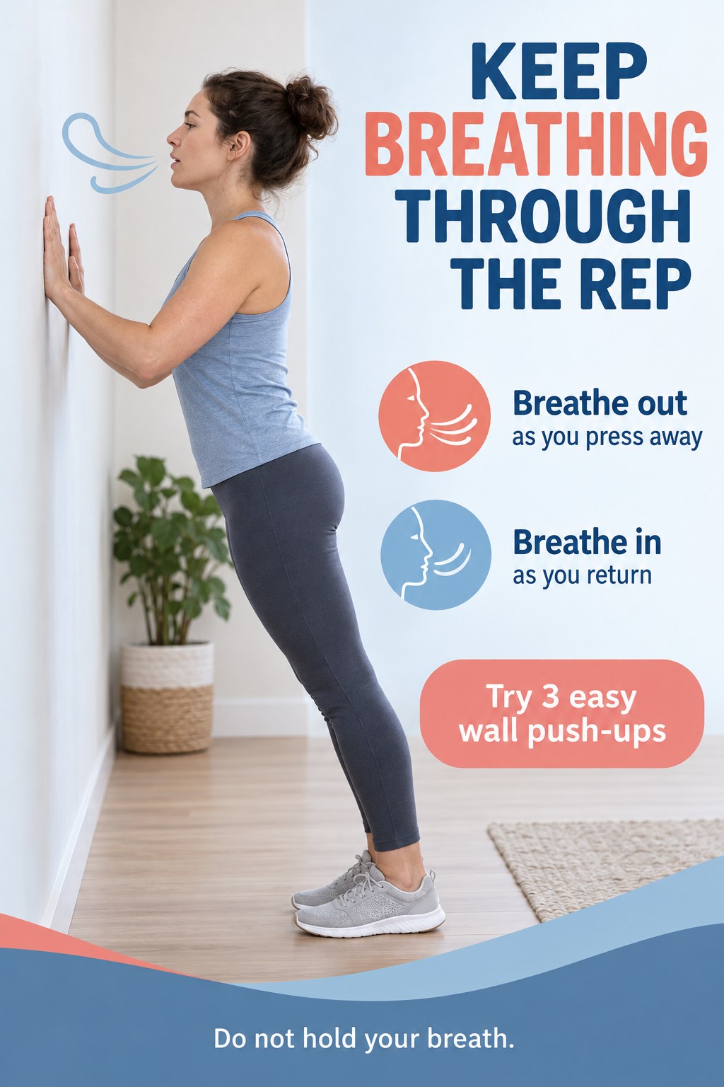 Woman performs an easy wall push-up beside blue and coral cues to breathe out while pressing and avoid holding the breath.