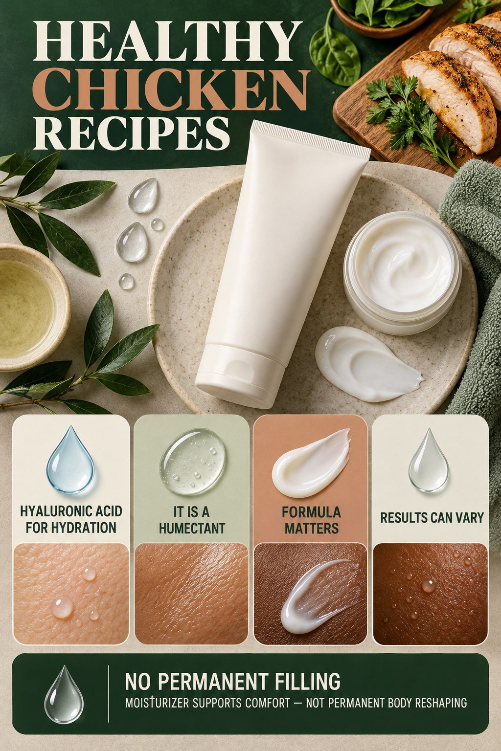 Keep Hyaluronic Acid Claims Surface-Focused body-moisturization infographic for Healthy Chicken Recipes with four body-neutral comfort actions.