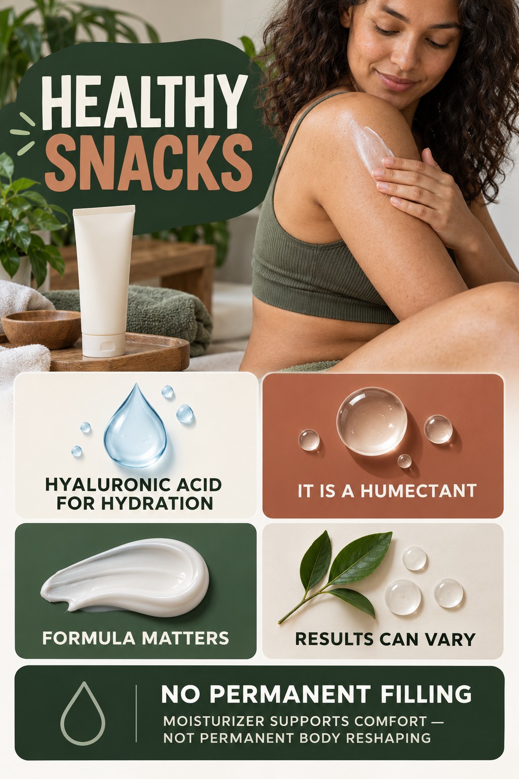 Keep Hyaluronic Acid Claims Surface-Focused body-moisturization infographic for Healthy Snacks with four body-neutral comfort actions.