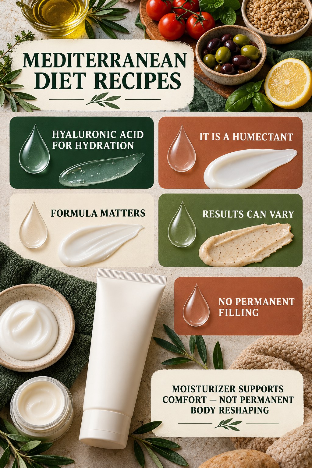 Keep Hyaluronic Acid Claims Surface-Focused body-moisturization infographic for Mediterranean Diet Recipes with four body-neutral comfort actions.