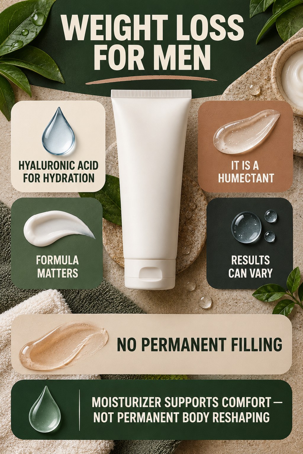 Keep Hyaluronic Acid Claims Surface-Focused body-moisturization infographic for Weight Loss for Men with four body-neutral comfort actions.