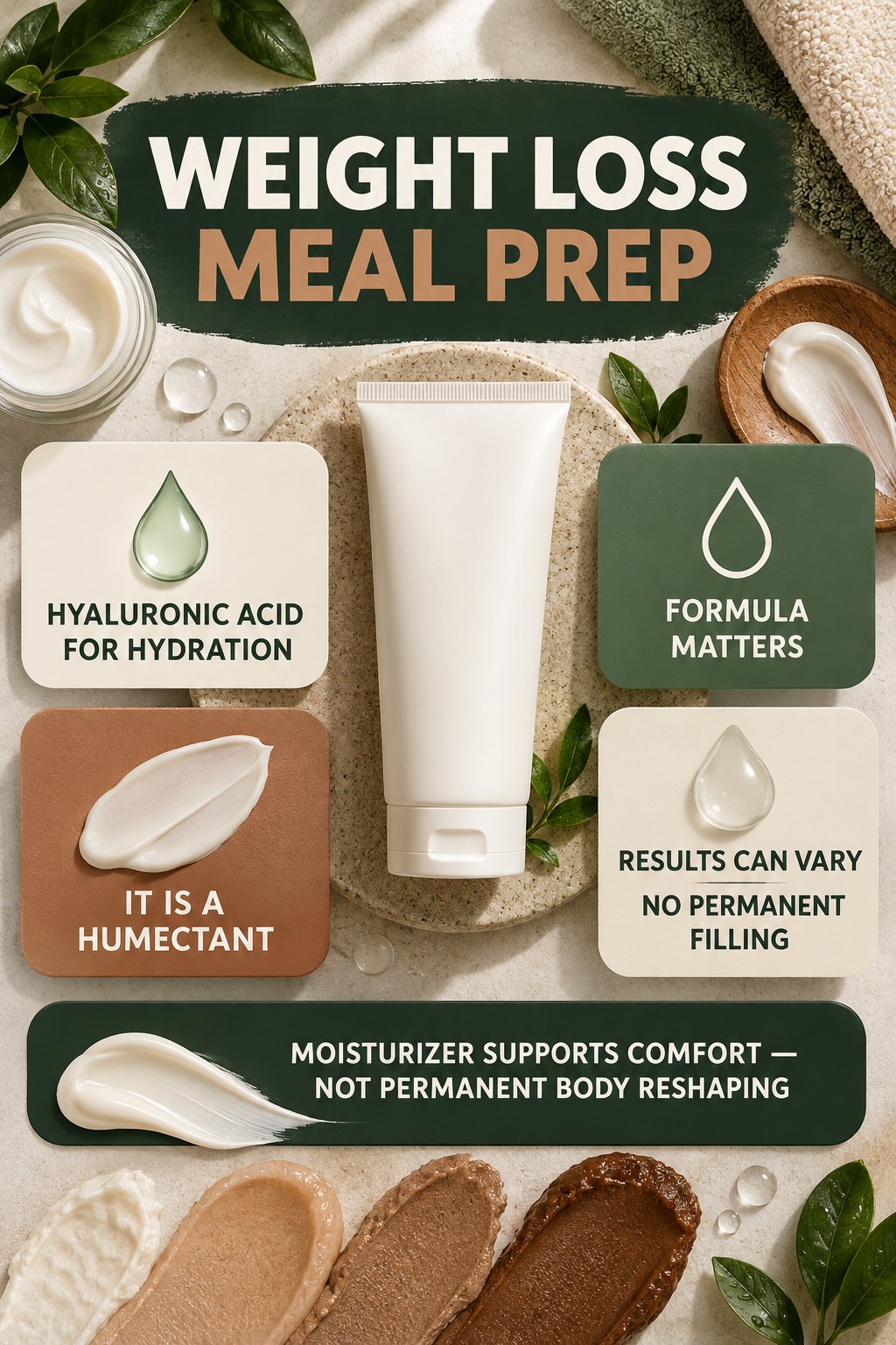 Keep Hyaluronic Acid Claims Surface-Focused body-moisturization infographic for Weight Loss Meal Prep with four body-neutral comfort actions.