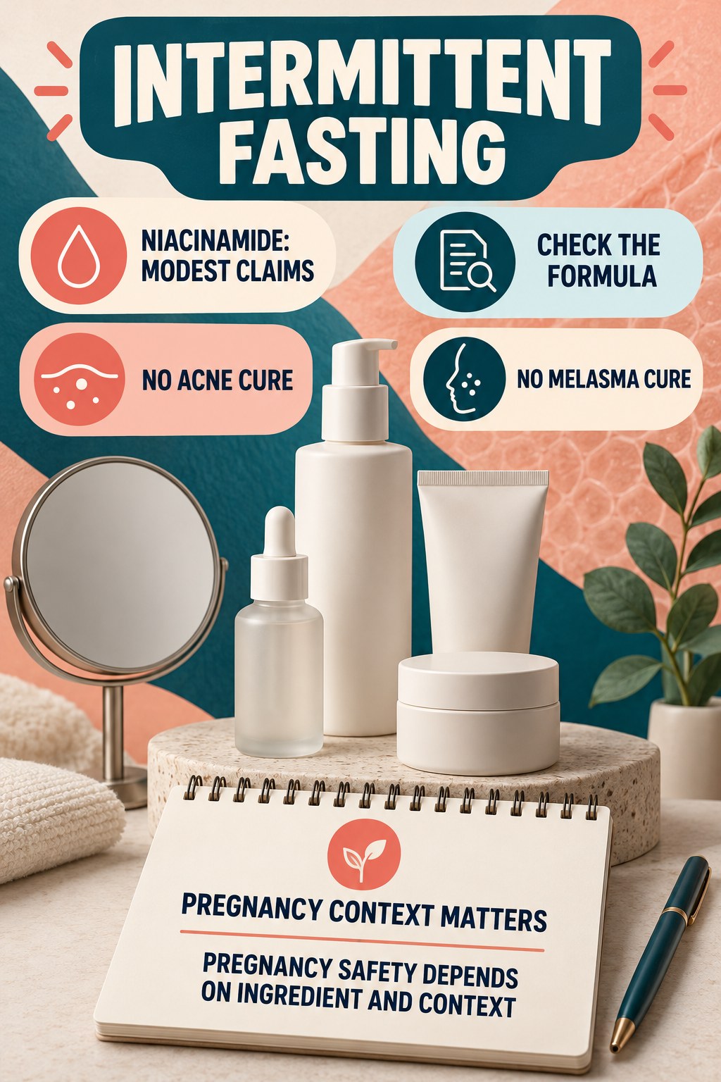 Keep Niacinamide Claims Modest pregnancy skincare ingredient-question infographic for Intermittent Fasting with four careful label-review points.