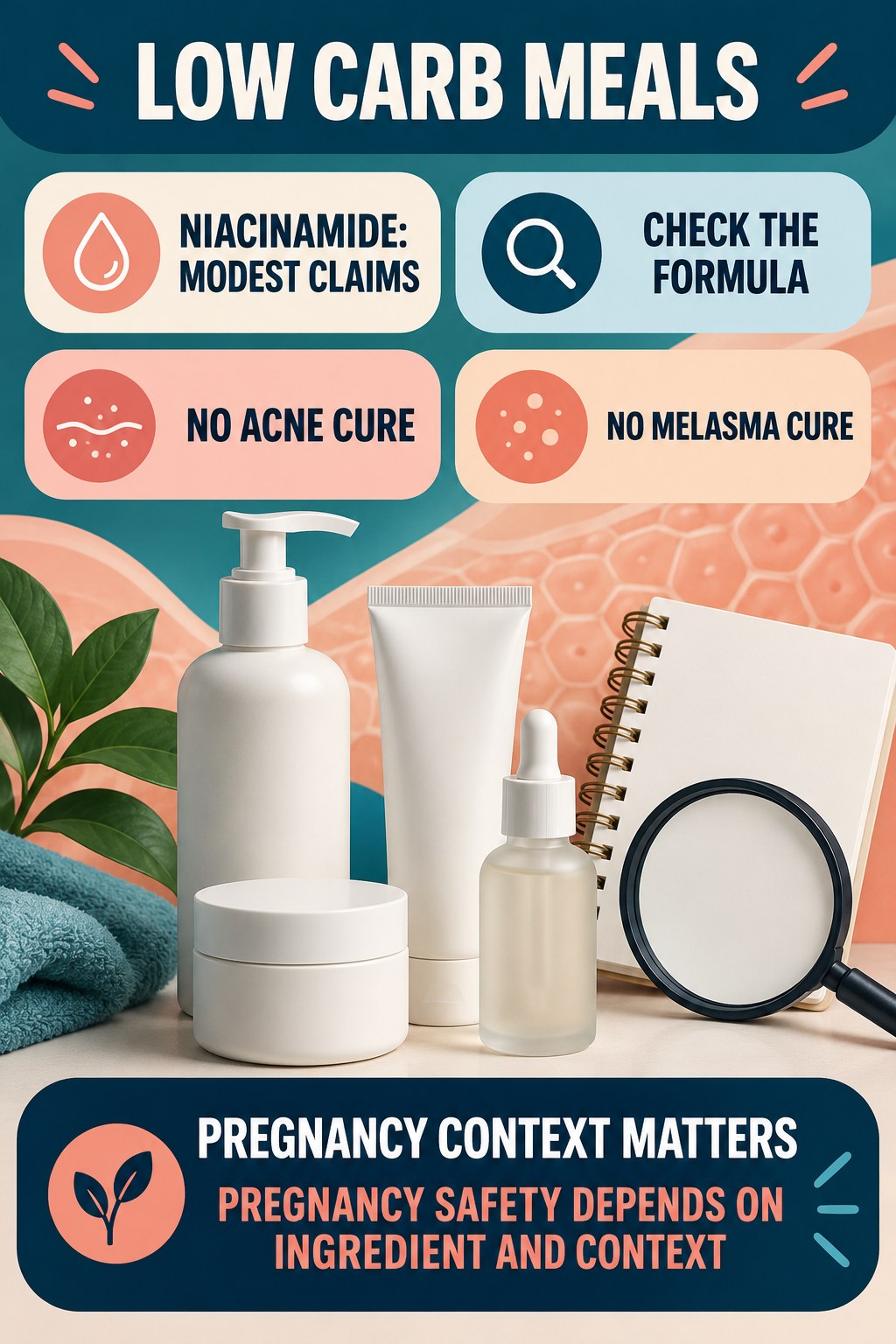 Keep Niacinamide Claims Modest pregnancy skincare ingredient-question infographic for Low Carb Meals with four careful label-review points.