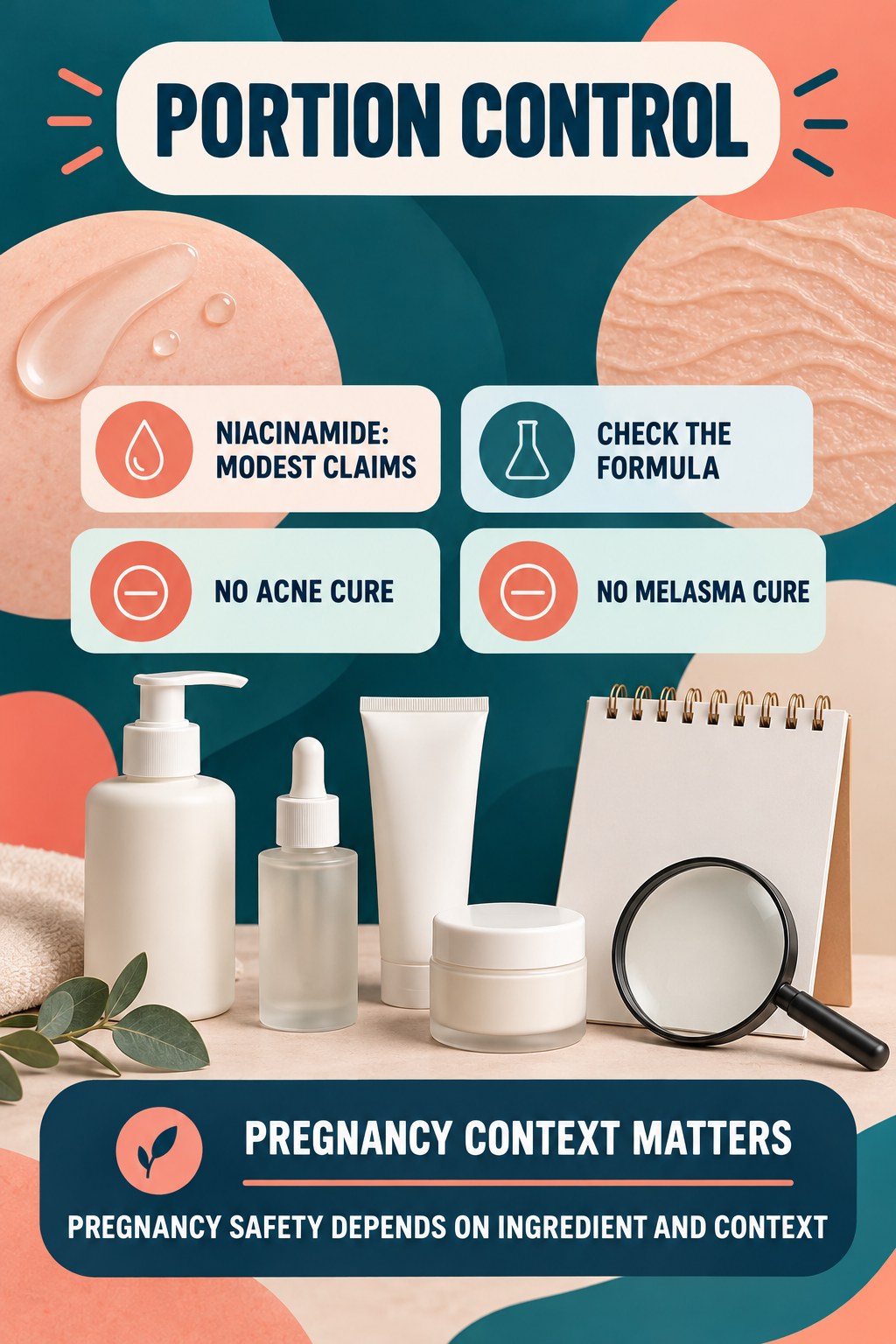 Keep Niacinamide Claims Modest pregnancy skincare ingredient-question infographic for Portion Control with four careful label-review points.