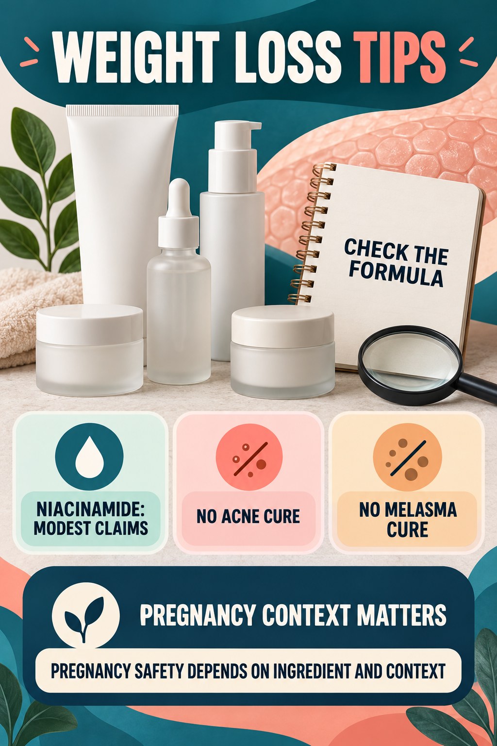 Keep Niacinamide Claims Modest pregnancy skincare ingredient-question infographic for Weight Loss Tips with four careful label-review points.