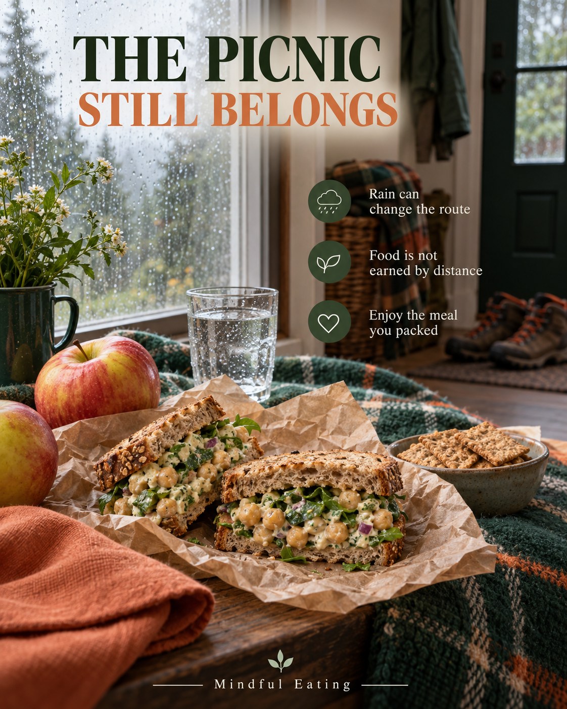 Chickpea sandwiches and fruit on an indoor picnic table beside a rain-streaked window.