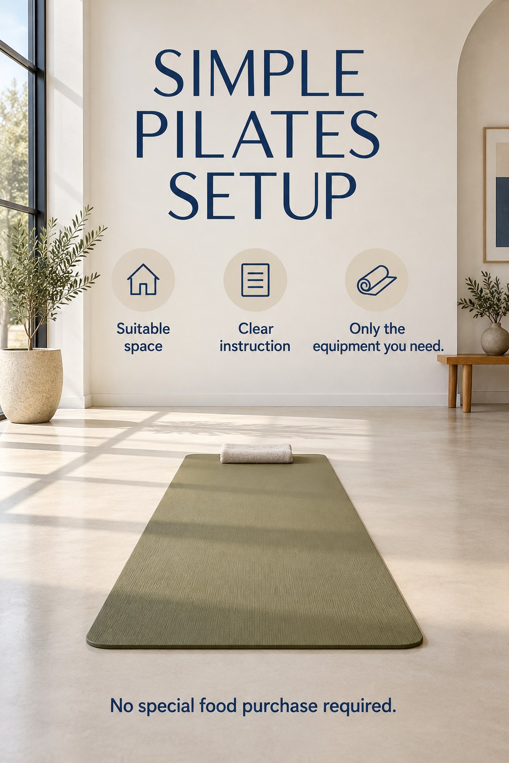 A simple Pilates mat and towel sit in a clear room beside a short essentials checklist.