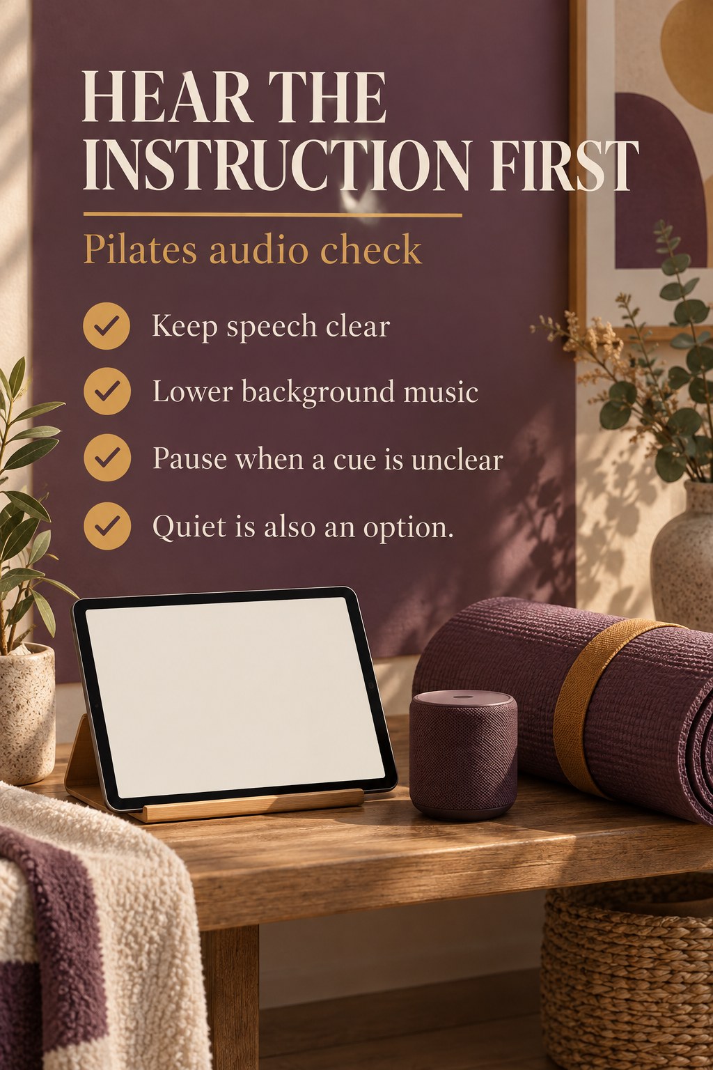 A tablet, small speaker, folded towel, and Pilates mat arranged in a quiet room.