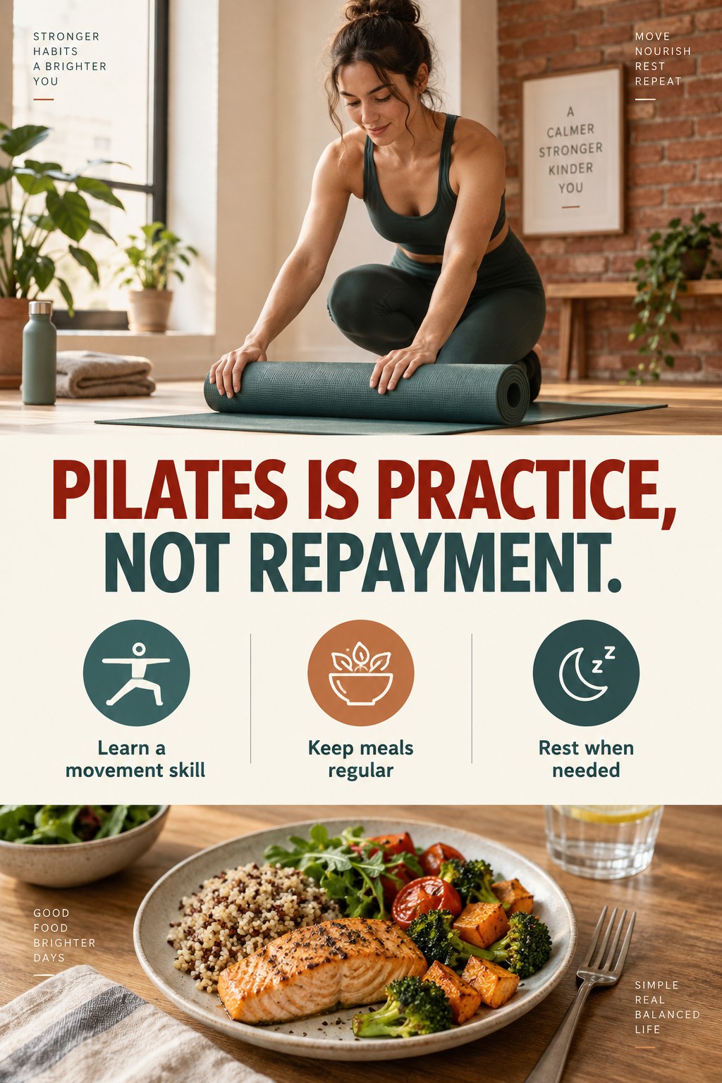 A calm Pilates mat and an ordinary meal appear in separate panels with a message against earning food through exercise.