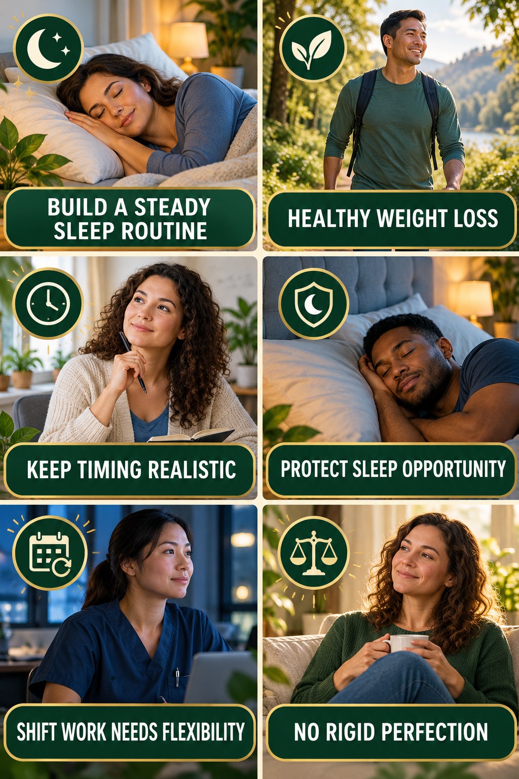 Keep Sleep Timing Practical and Consistent natural-energy and hormone-health-literacy infographic for Healthy Weight Loss with four practical checks.
