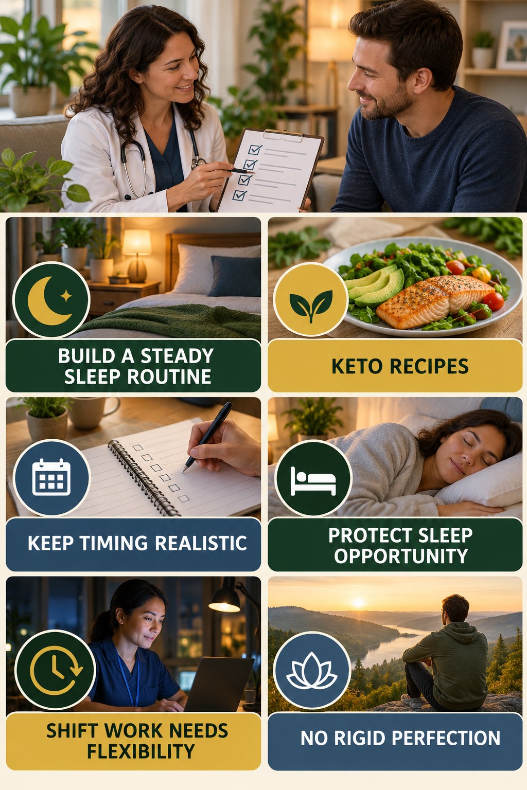 Keep Sleep Timing Practical and Consistent natural-energy and hormone-health-literacy infographic for Keto Recipes with four practical checks.