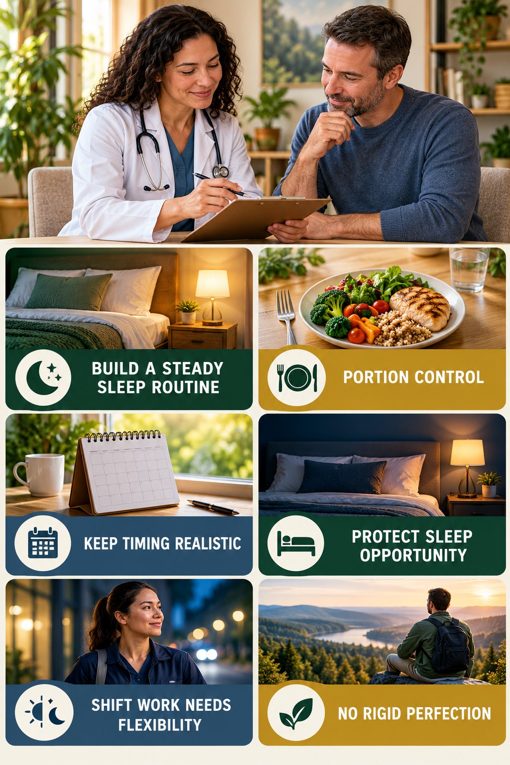 Keep Sleep Timing Practical and Consistent natural-energy and hormone-health-literacy infographic for Portion Control with four practical checks.