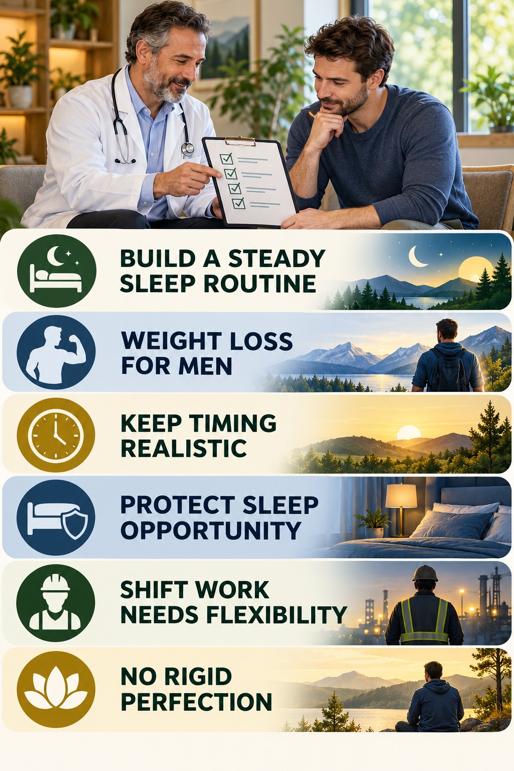 Keep Sleep Timing Practical and Consistent natural-energy and hormone-health-literacy infographic for Weight Loss for Men with four practical checks.