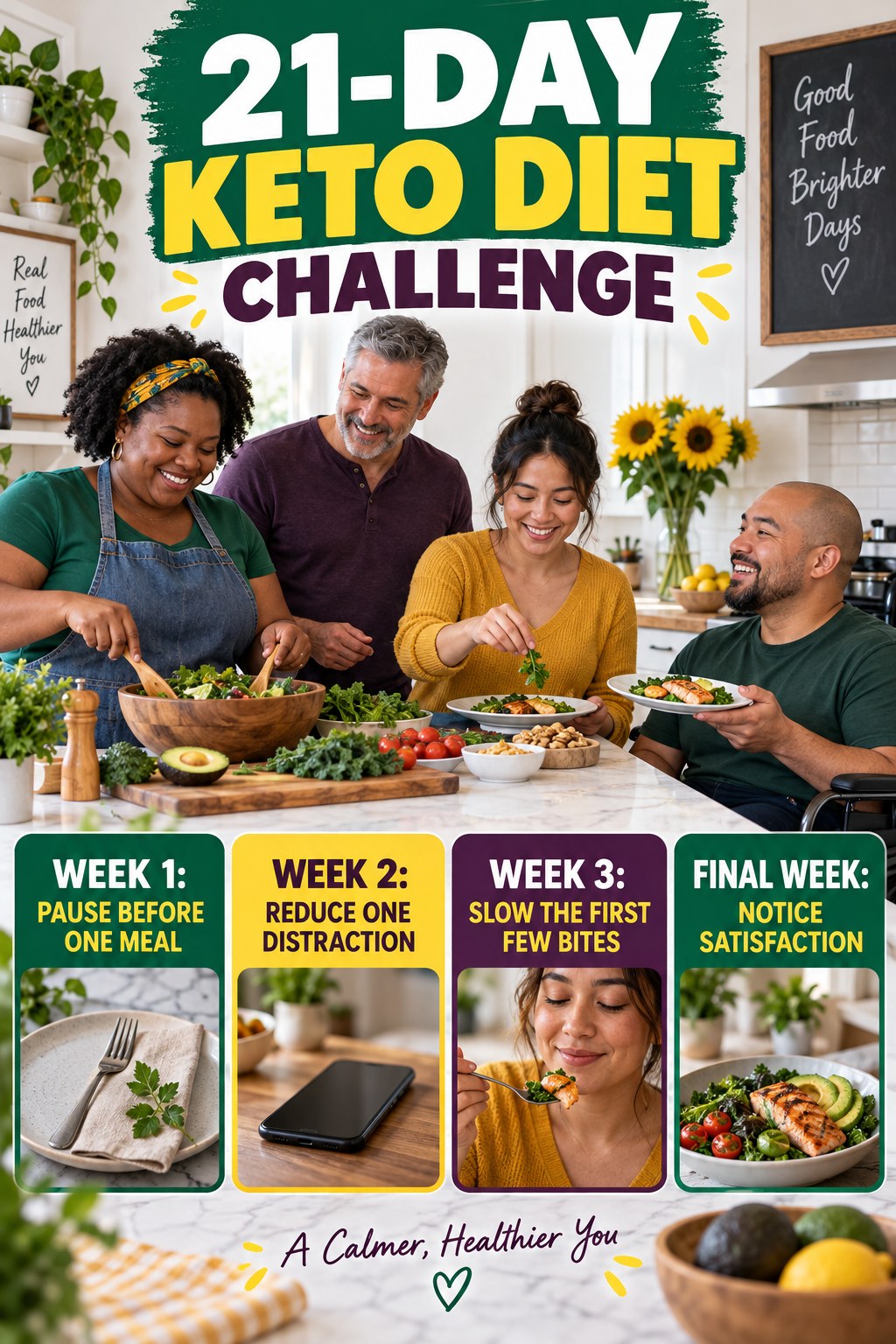 21-day Keto Diet challenge graphic showing four manageable milestones for consistent practice.