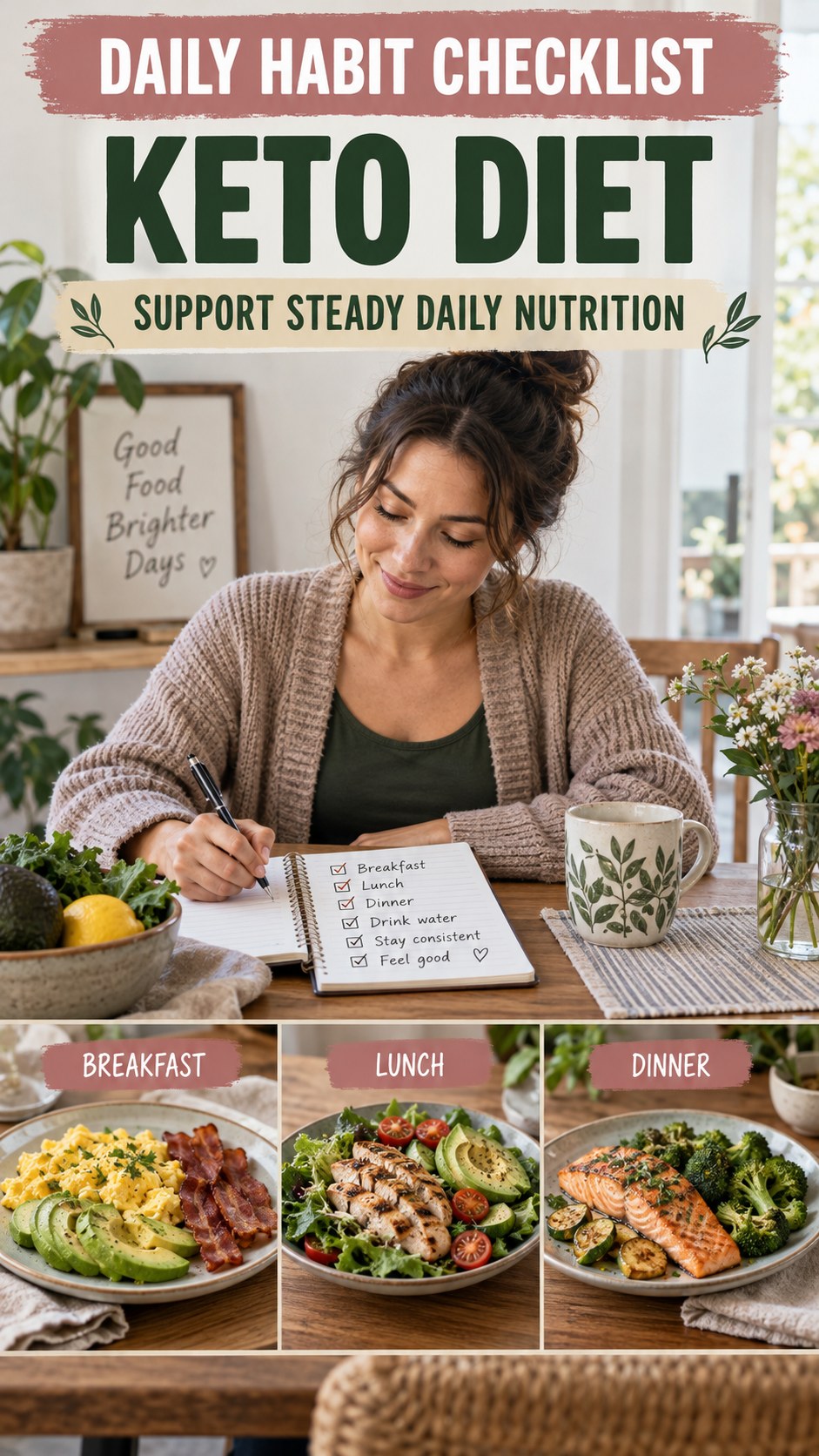 Steady Daily Nutrition infographic for Keto Diet, showing practical metabolism-support habits for an active lifestyle.