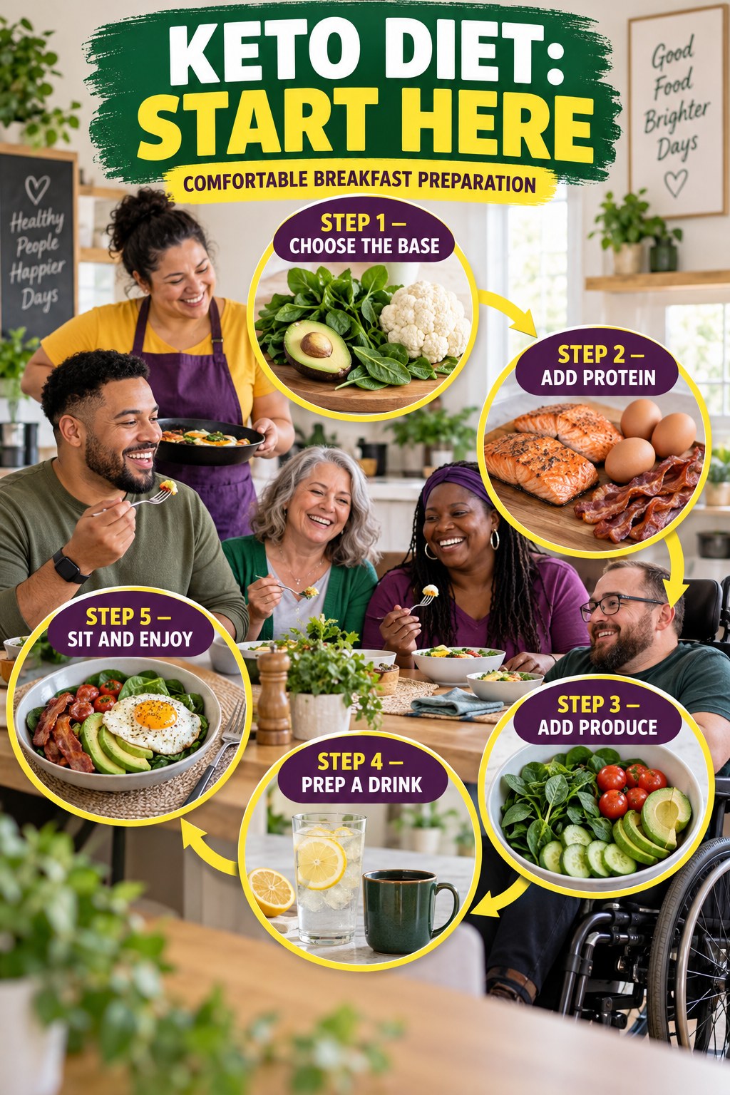 Keto Diet beginner guide graphic showing five manageable stages for comfortable breakfast preparation.