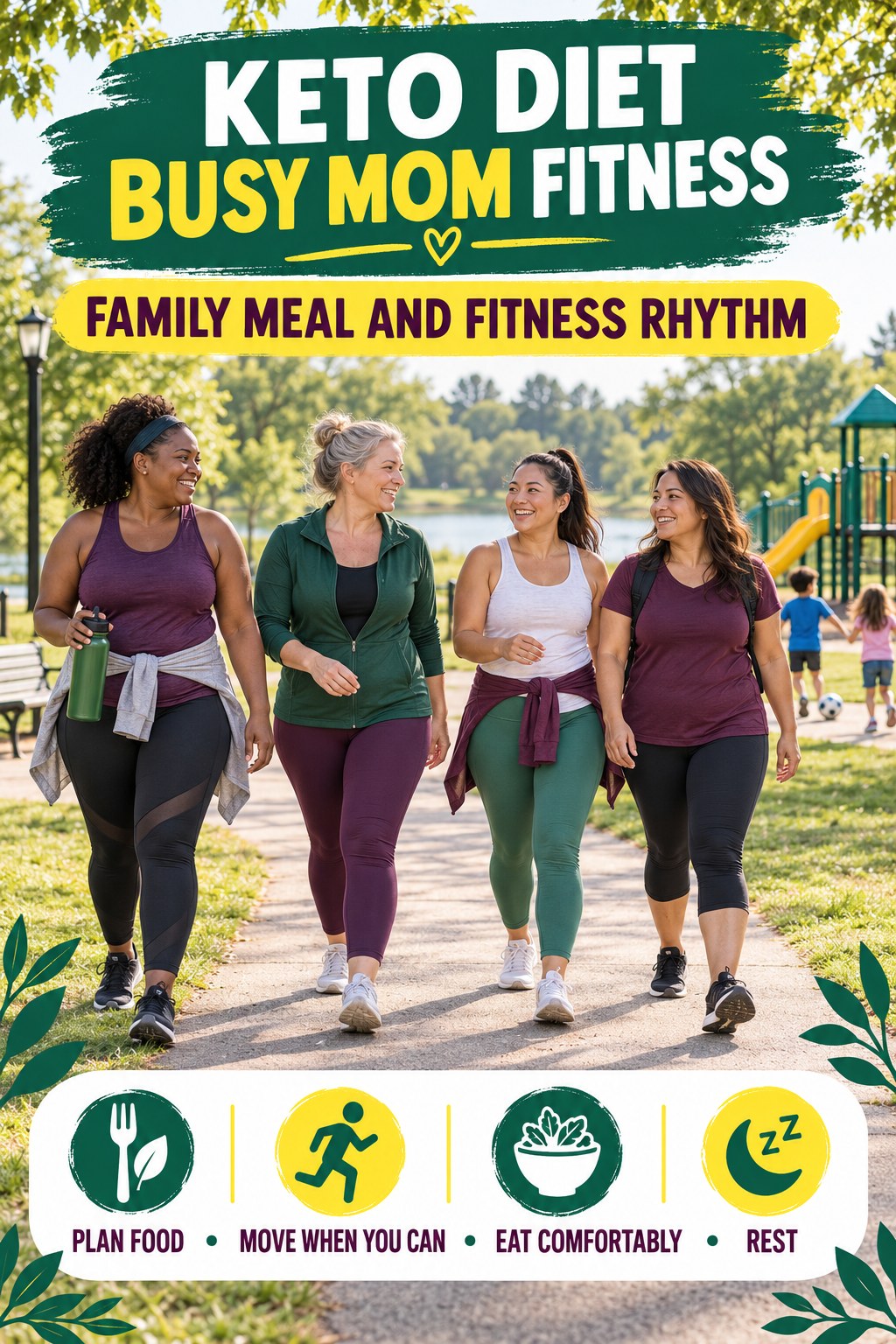 Keto Diet busy-mom fitness graphic titled Family Meal and Fitness Rhythm with four practical movement prompts.