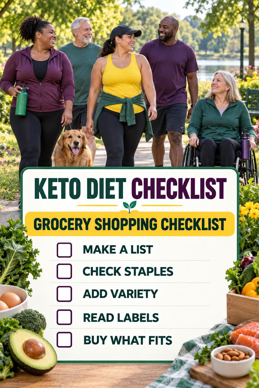 Keto Diet checklist graphic titled Grocery Shopping Checklist with five clear practical wellness items.
