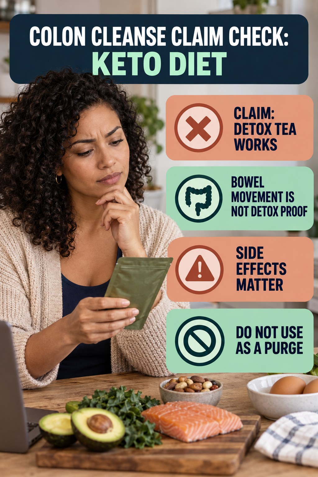 Detox Tea and Laxative Claims infographic for Keto Diet, separating a colon-cleanse marketing claim from evidence, reasonable conclusions, and safety context.
