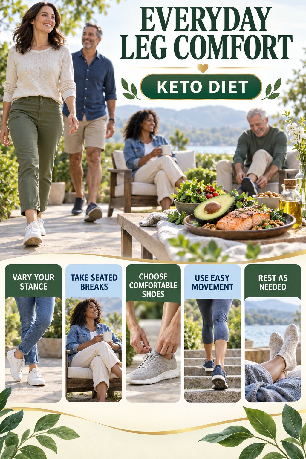 Comfort After a Day on Your Feet infographic for Keto Diet with five gentle movement, position, footwear, recovery, or safety actions.